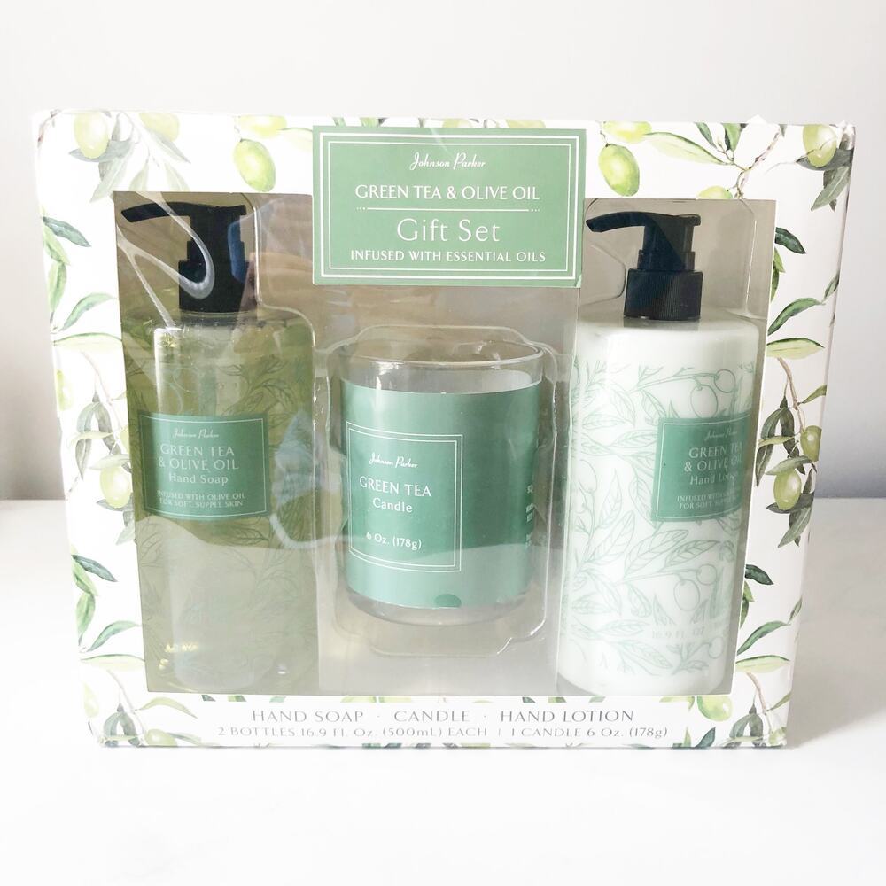 Johnson Parker Green Tea & Olive Oil Gift Set- Candle, Hand Soap, & Lotion